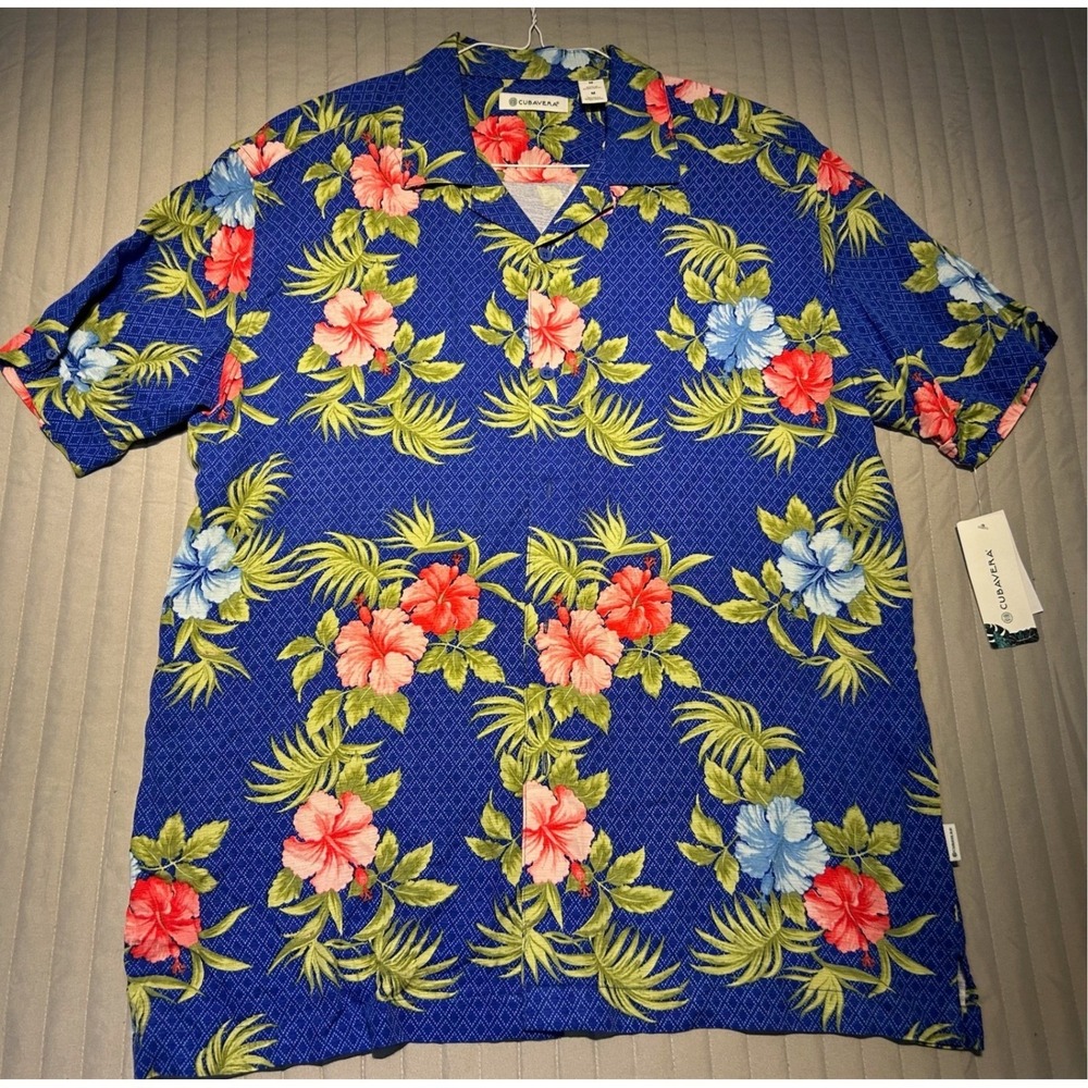Cubavera Mens Medium Hawaiian Floral Print Button Up Short Sleeve Shirt Blue NWT - Picture 2 of 8